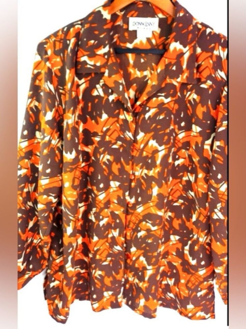 DonnKenny 1X Workwear Orange Abstract Fall Leaves Top Plus